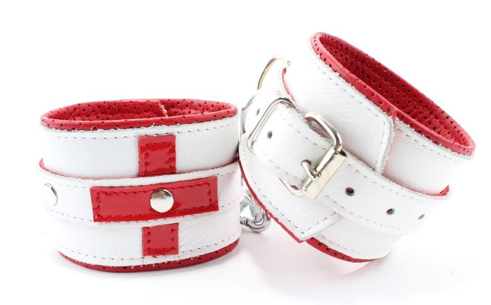 Бело-красные кожаные наручники для медсестры-5407