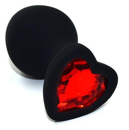 Черная анальная силиконовая пробка с красным кристаллом в форме сердца - 8