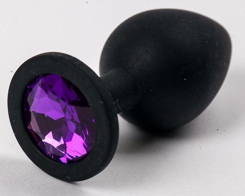 Черная силиконовая анальная пробка с фиолетовым кристаллом - 9