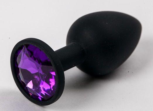Черная силиконовая анальная пробка с фиолетовым стразом - 7
