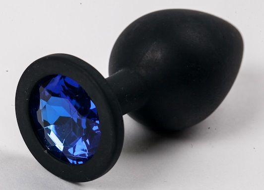 Черная силиконовая анальная пробка с синим кристаллом - 9