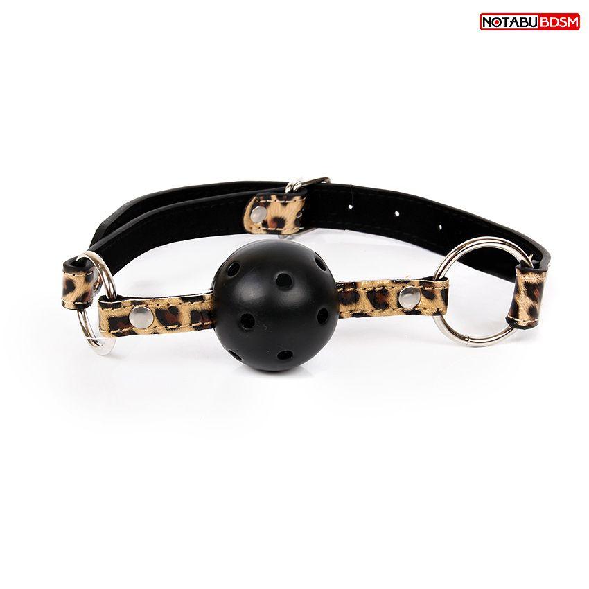 Черный кляп-шарик Ball Gag на леопардовых ремешках-7606