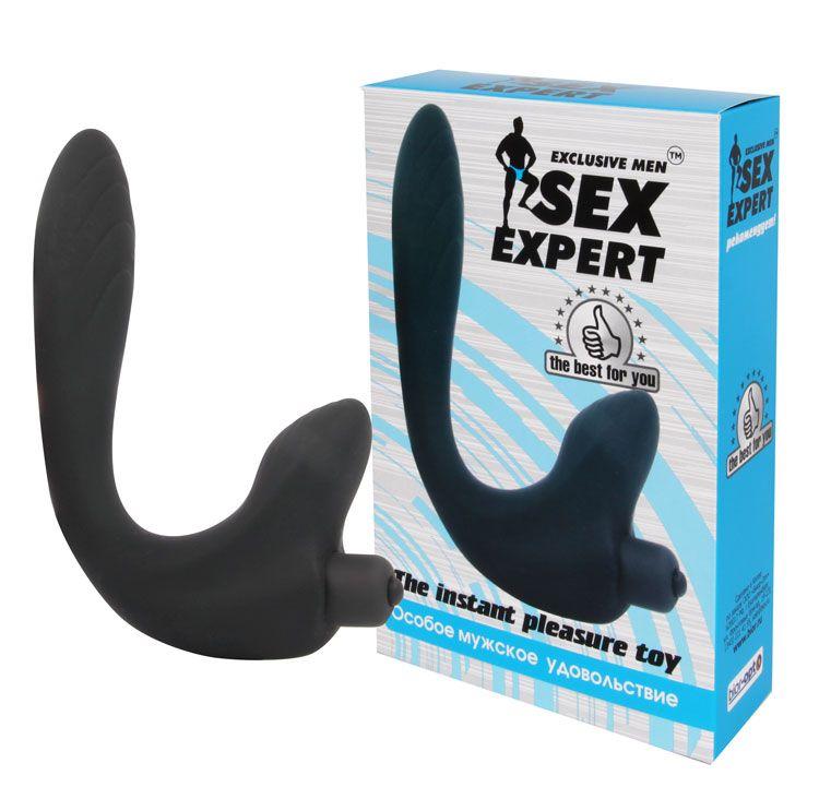 Черный удлиненный силиконовый массажер простаты Sex Expert с отростком-7452