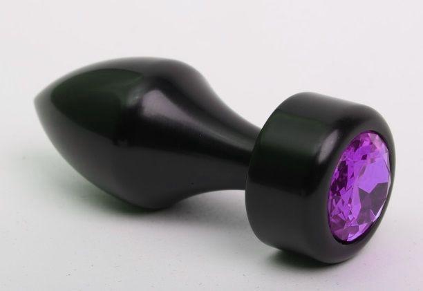 Чёрная анальная пробка с широким основанием и фиолетовым кристаллом - 7