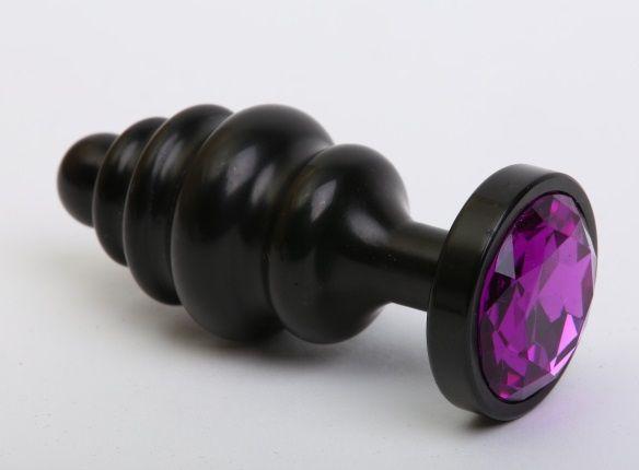 Чёрная ребристая анальная пробка с фиолетовым кристаллом - 7