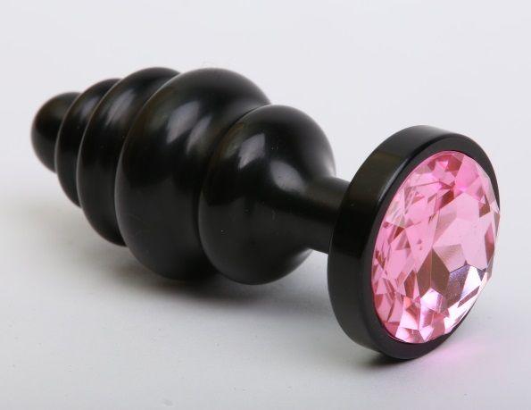 Чёрная ребристая анальная пробка с розовым кристаллом - 7