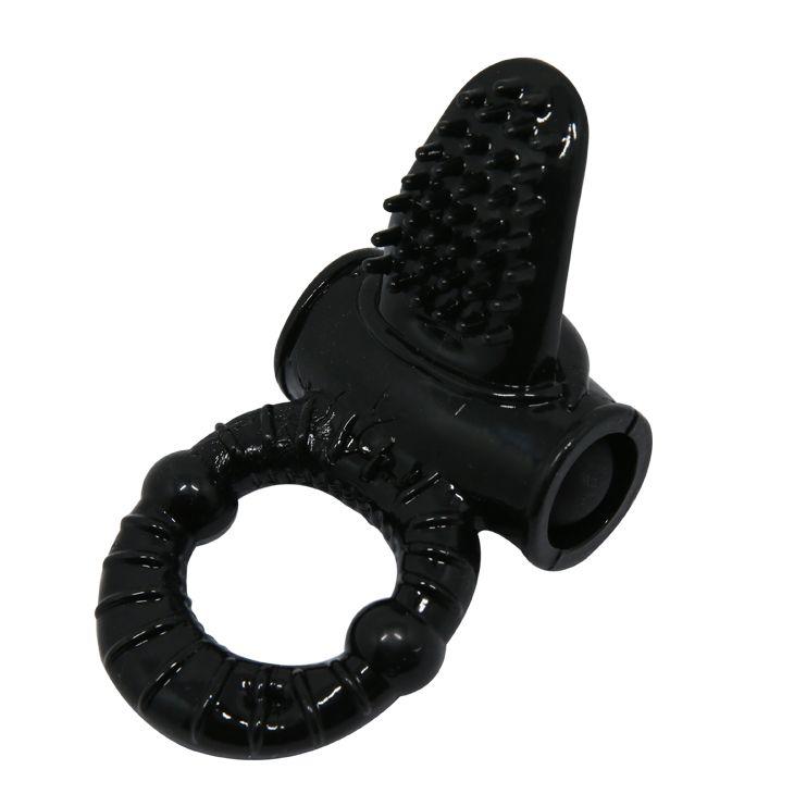 Чёрное эрекционное кольцо с вибрацией и щеточкой для клитора-9599