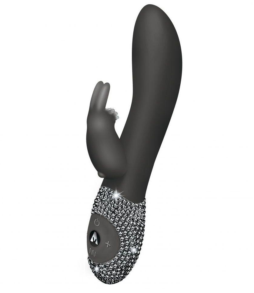Чёрный вибромассажёр с клиторальным отростком и отделанной стразами рукоятью The Classic Rabbit - 22 см.-5562