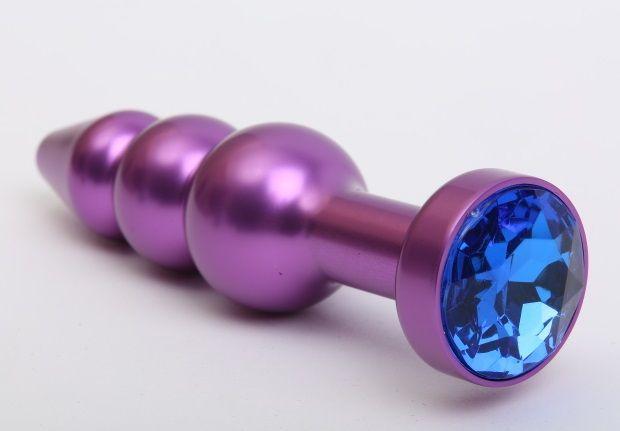 Фиолетовая фигурная анальная ёлочка с синим кристаллом - 11