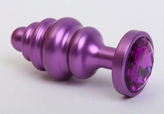 Фиолетовая ребристая анальная пробка с фиолетовым кристаллом - 7