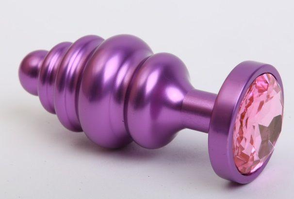 Фиолетовая ребристая анальная пробка с розовым кристаллом - 7