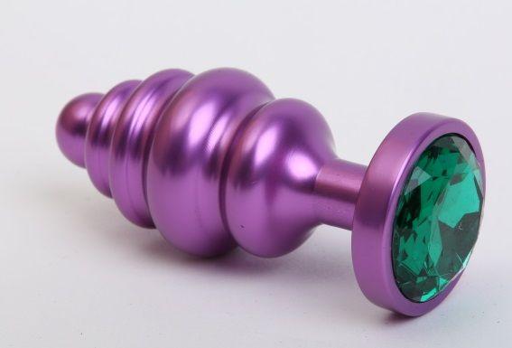 Фиолетовая ребристая анальная пробка с зеленым кристаллом - 7