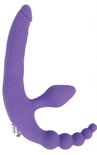 Фиолетовый безремневой страпон с анальным отростком и вибрацией - 15 см.-6720