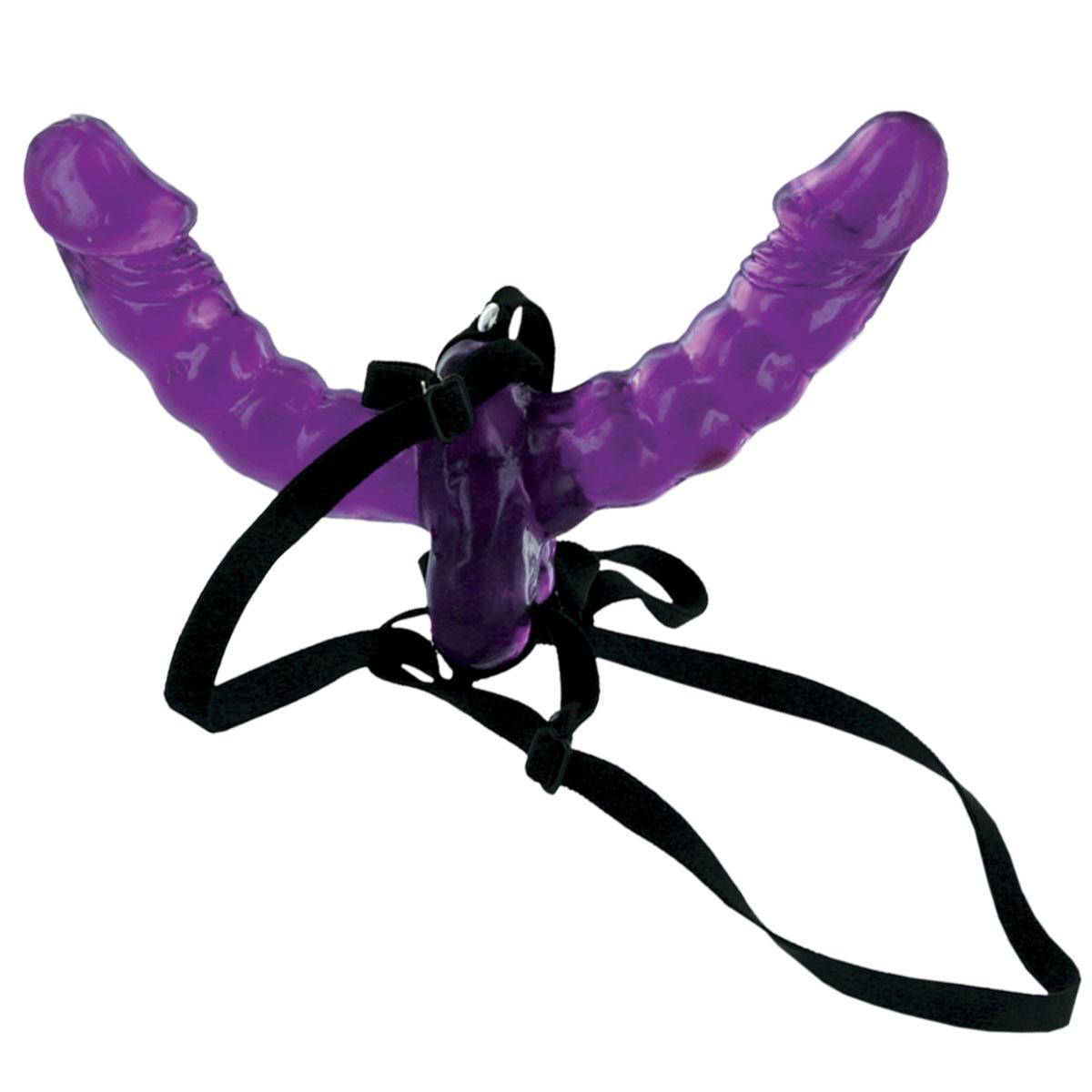Фиолетовый страпон Double Delight Strap-on с вагинальной пробкой - 15 см.-1970
