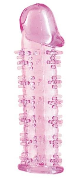 Гелевая розовая насадка на фаллос с шипами - 12 см.-1392