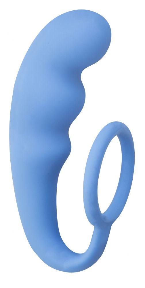 Голубое эрекционное кольцо с анальным стимулятором Mountain Range Anal Plug-11443