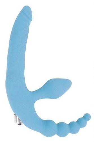 Голубой безремневой страпон с анальным отростком и вибрацией - 15 см.-6718