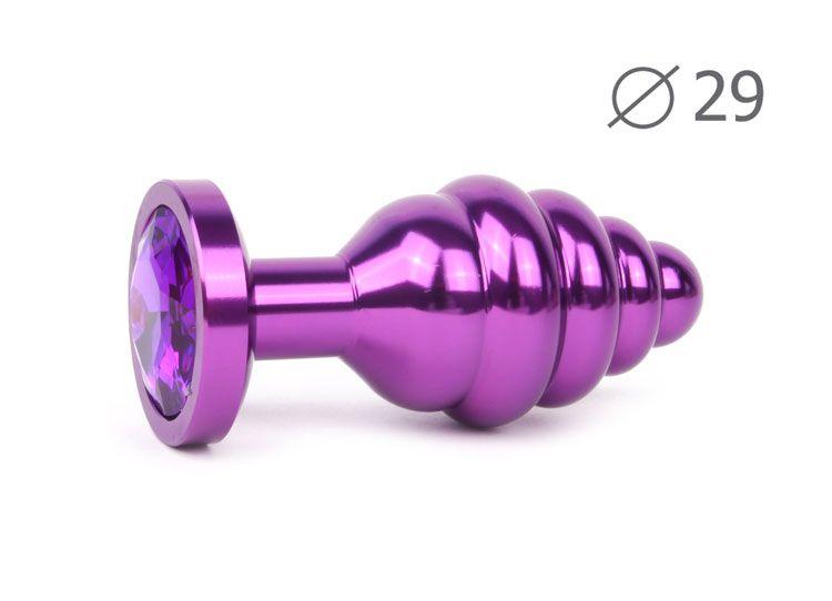 Коническая ребристая фиолетовая анальная втулка с кристаллом фиолетового цвета - 7