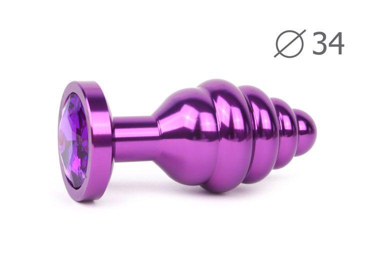 Коническая ребристая фиолетовая анальная втулка с кристаллом фиолетового цвета - 8 см.-5846