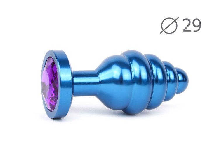 Коническая ребристая синяя анальная втулка с кристаллом фиолетового цвета - 7