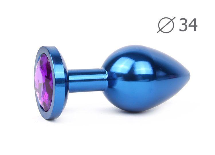 Коническая синяя анальная втулка с кристаллом фиолетового цвета - 8