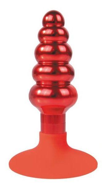 Красная анальная пробка-елочка с круглым ограничителем - 10 см.-7528