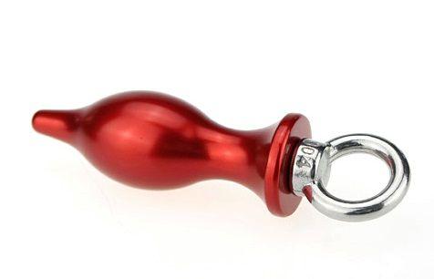 Красная металлическая анальная пробка с кольцом - 7 см.-9146