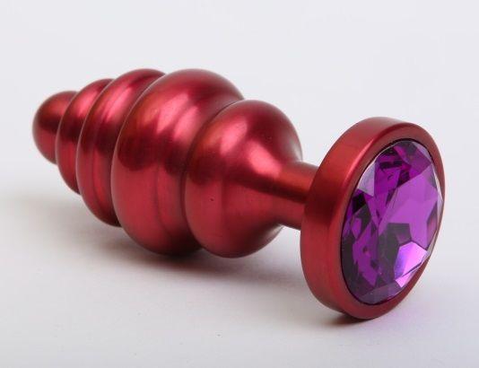 Красная ребристая анальная пробка с фиолетовым стразом - 7
