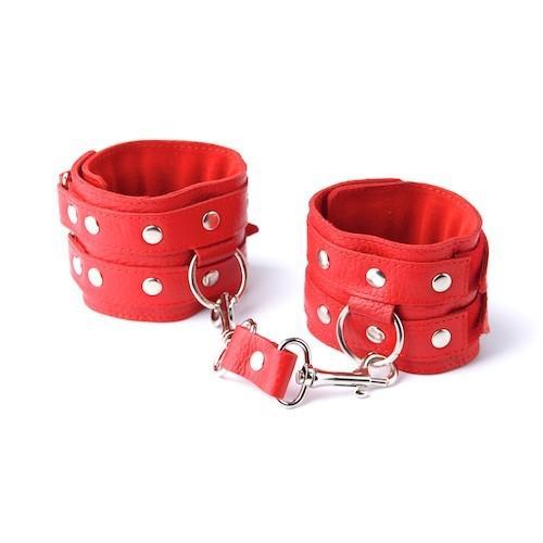 Красные кожаные наручники с велюровой подкладкой-7058