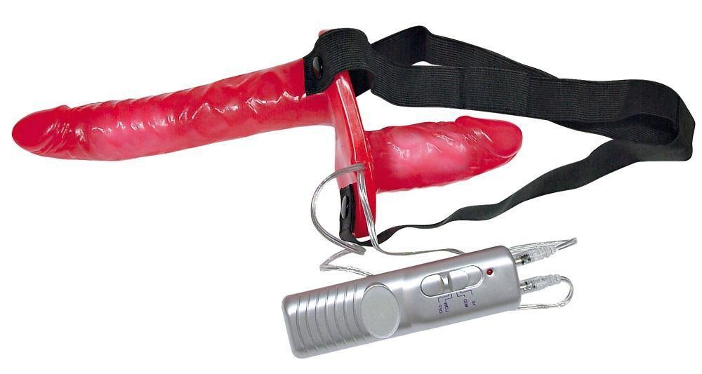 Красный женский страпон с вагинальной пробкой Bad Kitty - 18 см.-12533