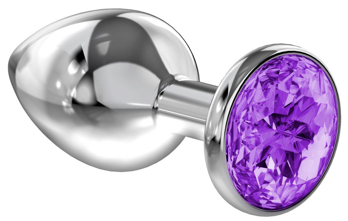 Малая серебристая анальная пробка Diamond Purple Sparkle Small с фиолетовым кристаллом - 7 см.-3705