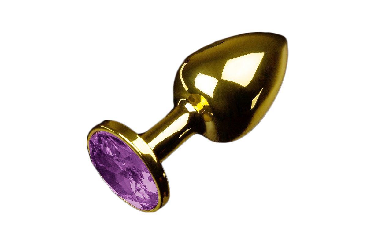 Маленькая золотистая анальная пробка с круглым кончиком и фиолетовым кристаллом - 7 см.-5682