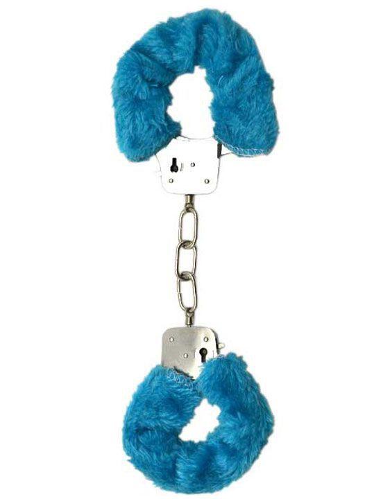 Металлические наручники с голубым мехом-10105