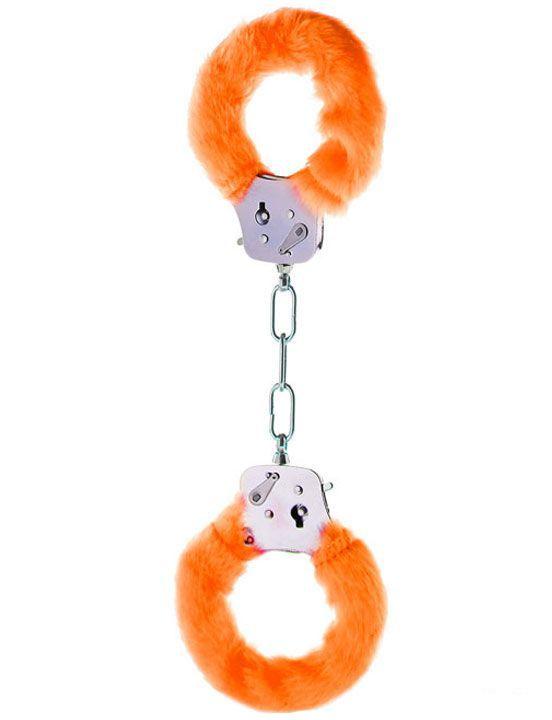 Металлические наручники с оранжевым мехом-9823