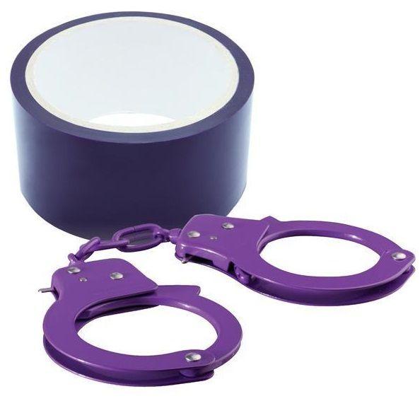 Набор для фиксации BONDX METAL CUFFS AND RIBBON: фиолетовые наручники из листового материала и липкая лента-284