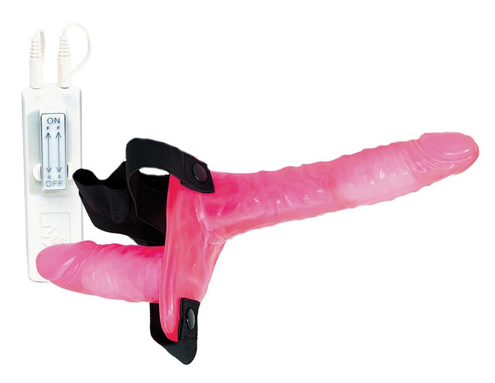 Поясной розовый виброфаллос с вагинальной пробкой - 17