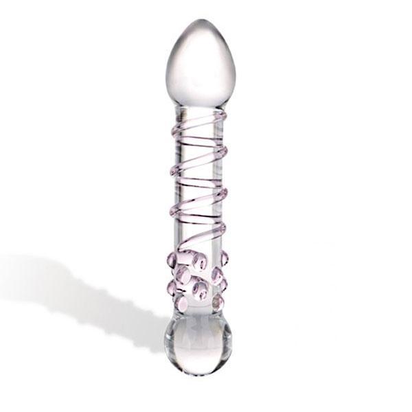 Прозрачный стеклянный фаллос с розовой спиралькой и массажными пупырышками - 18 см.-3128