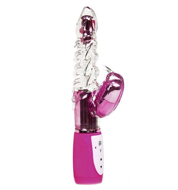 Прозрачный вибромассажёр с розовым клиторальным стимулятором и вращающейся головкой LUXE HUGS AND KISSES - 26 см.-1290