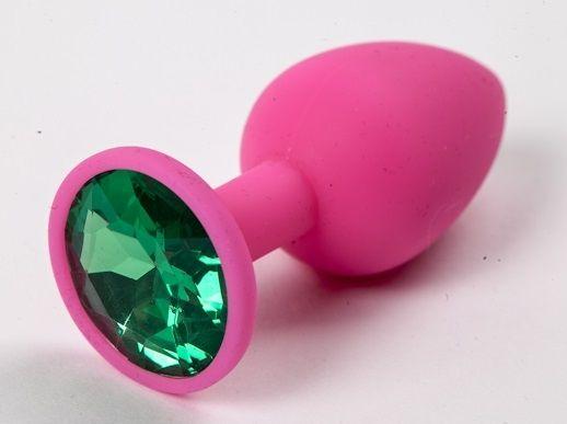 Розовая анальная пробка с зеленым кристаллом - 9