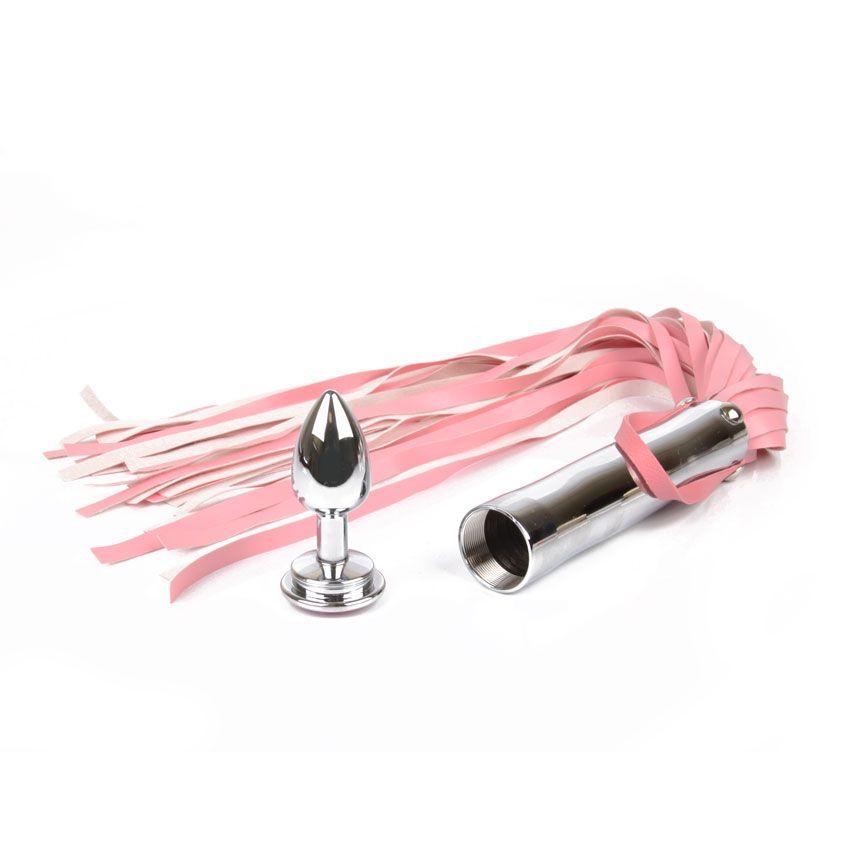 Розовая плетка Notabu с розовым кристаллом на рукояти - 58 см.-7914