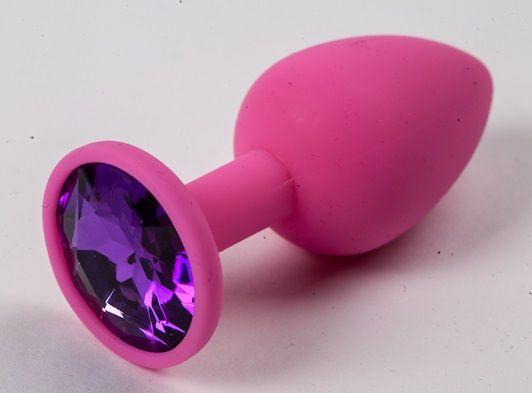 Розовая силиконовая анальная пробка с фиолетовым стразом - 7