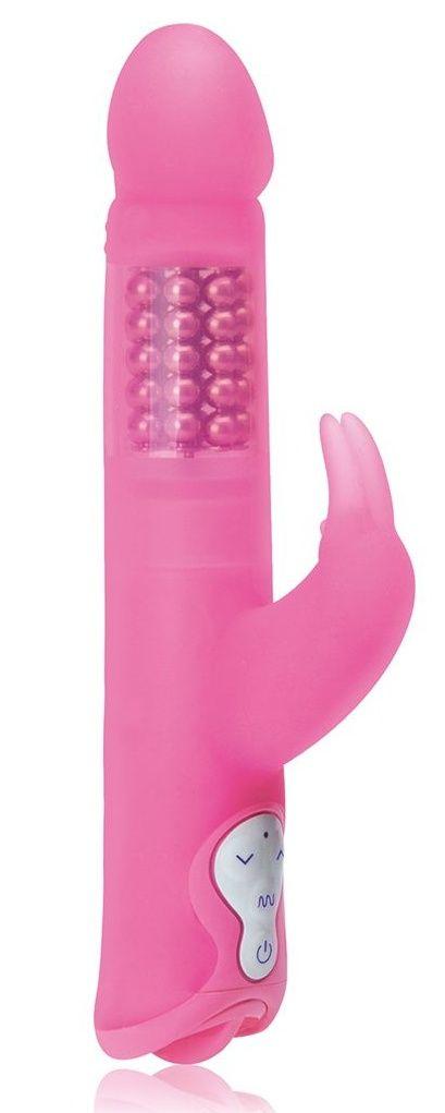Розовый силиконовый вибратор с шариками и клиторальным отростком - 25 см.-8889