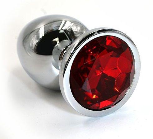 Серебристая алюминиевая анальная пробка с красным кристаллом - 7 см.-2023