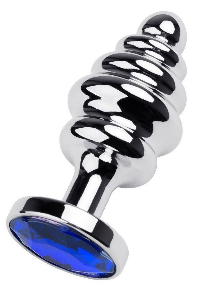 Серебристая анальная пробка-елочка с синим кристаллом - 7