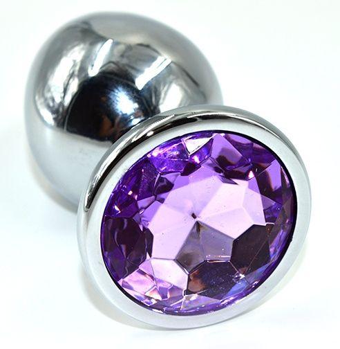 Серебристая анальная пробка из нержавеющей стали с фиолетовым кристаллом - 10 см.-9139