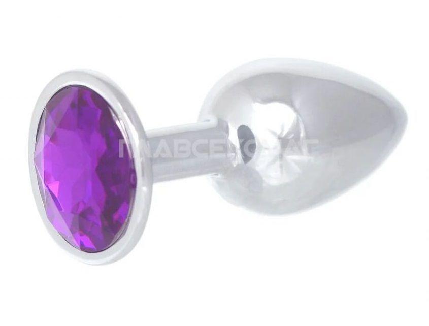 Серебристая анальная пробка с фиолетовым кристаллом - 7 см.-4915