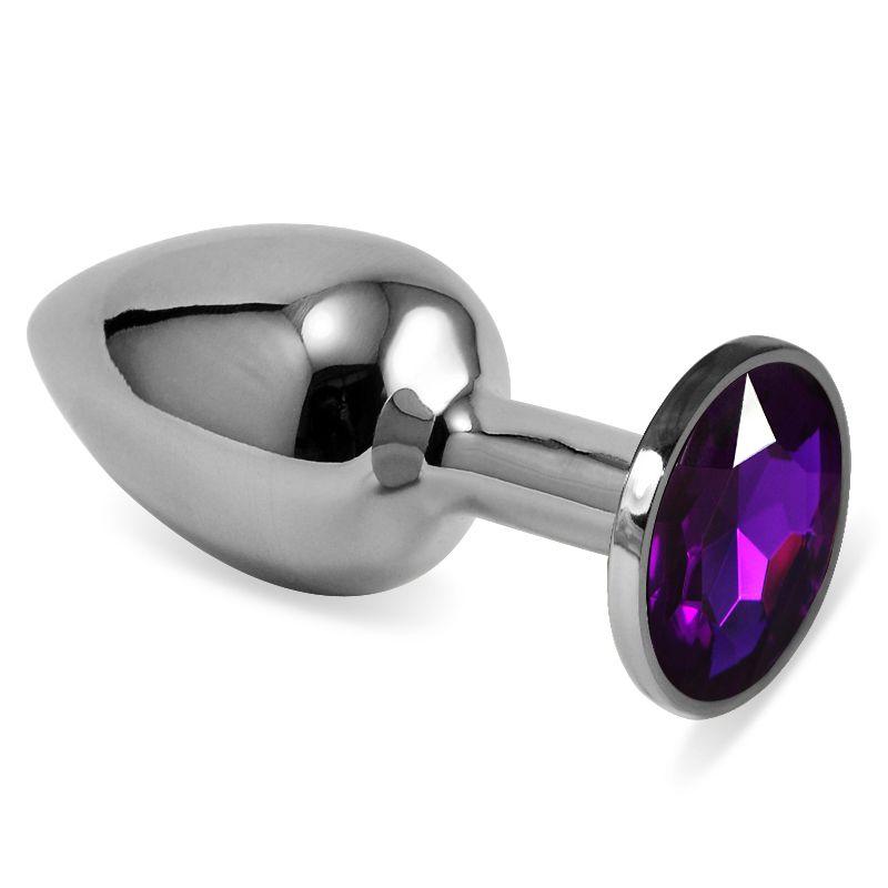 Серебристая анальная пробка с фиолетовым кристаллом размера M - 8 см.-10621