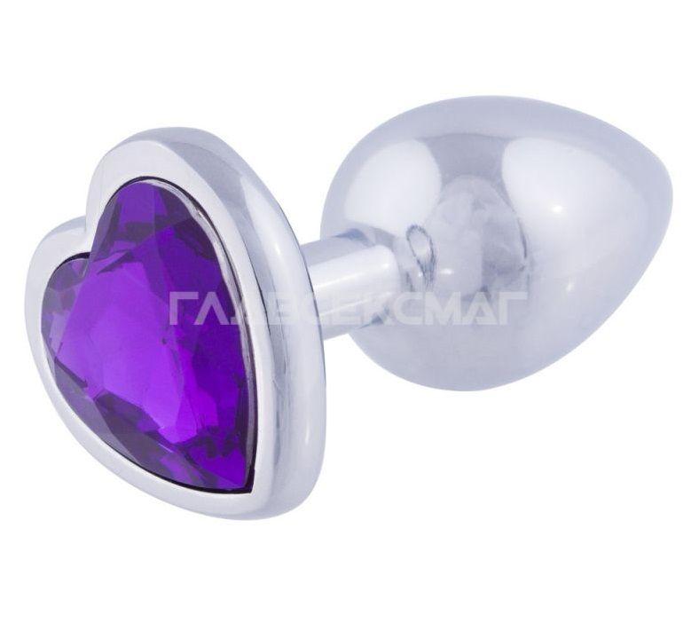 Серебристая анальная пробка с фиолетовым кристаллом-сердцем - 7 см.-4821