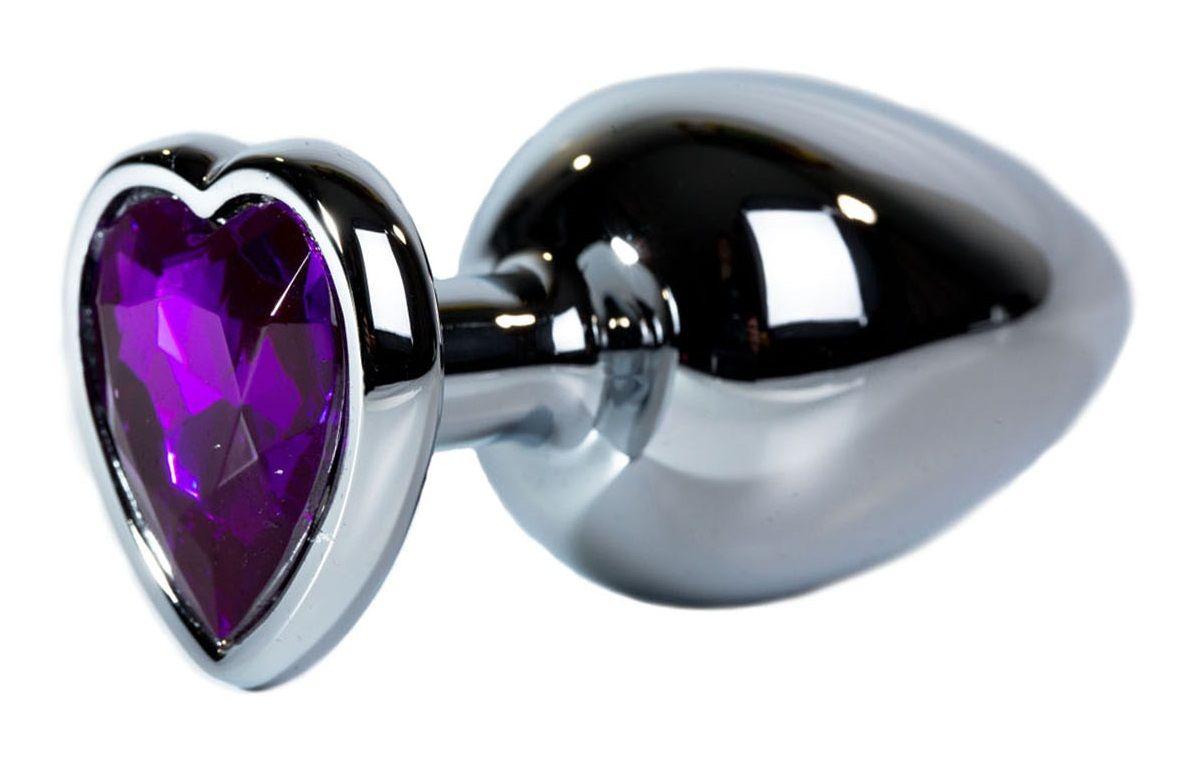 Серебристая анальная пробка с фиолетовым кристаллом-сердцем размера L - 9