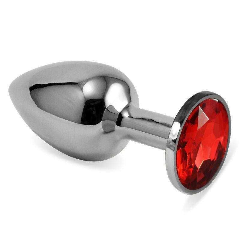 Серебристая анальная пробка с красным кристаллом размера L - 9 см.-10624